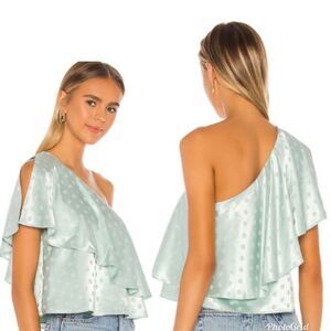 REVOLVE HOUSE OF HARLOW 1960 Leya Mint One-Shoulder Satin Polka Dot Top size M